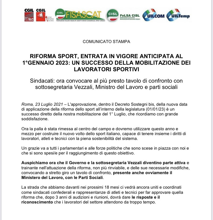 Riforma sport, entrata in vigore anticipata al 1 gennaio 2023