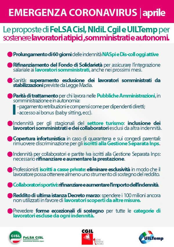 EMERGENZA CORONAVIRUS aprile - Le proposte di UILTemp, Felsa CISL e Nidil CGIL per sostenere lavoratori atipici, somministrati e autonomi